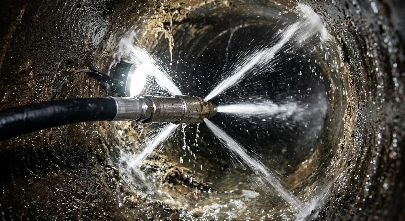 High-pressure hydro jetting nozzle cleaning sewer pipe for Emergency Drain Service in Dulles Town Center