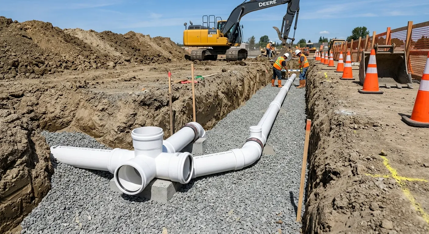 New PVC sewer pipe installation in open trench for Sewer Backup in Dulles Town Center