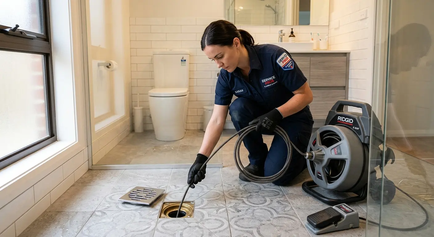 Technician clearing a bathroom floor drain for Drain Cleaning in Dulles Town Center